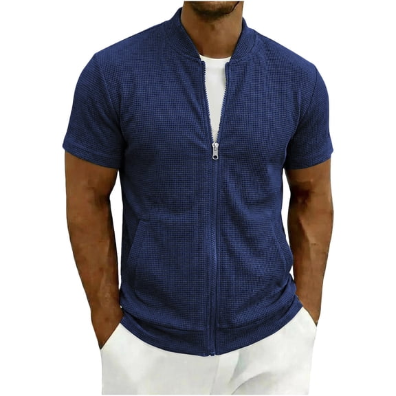 USNSM Full Zip T Shirts for Men Short Sleeve Stand-Up Collar Summer Lightweight Cardigans with Pockets Casual Athletic Workout Shirts Blue XXL
