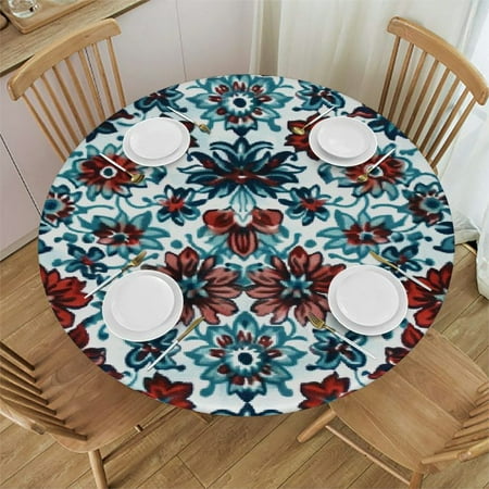 

Tllo0ord Elastic Fitted Round Tablecloths Round Fitted Table Cover with Elastic Edges Antique Floral Fits up Tables 38-42