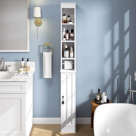 VECELO Tall Bathroom Storage Cabinet with Adjustable Shelves, Narrow Storage Cabinet, Magnetic Door and Toilet Paper Rod, Freestanding Slim Storage Cabinets for Small Space, White
