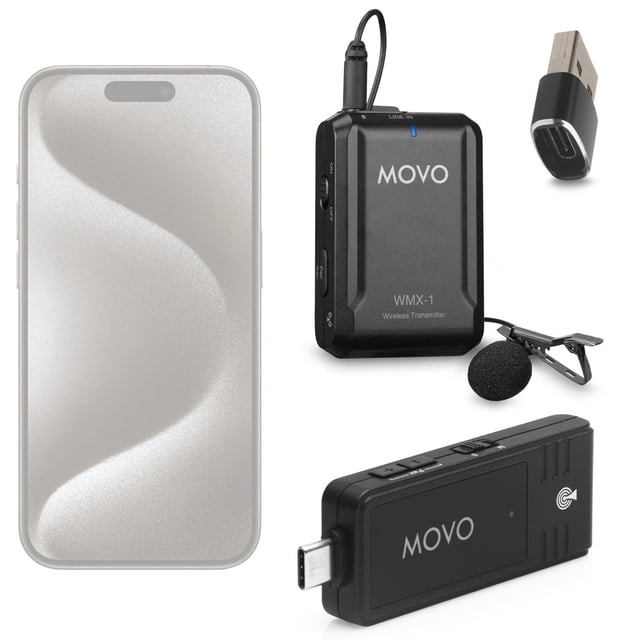 Micrófono Lavalier Inalámbrico Movo USB-C para Android e iPhone 15 con Transmisión de 2,4 GHz y Adap