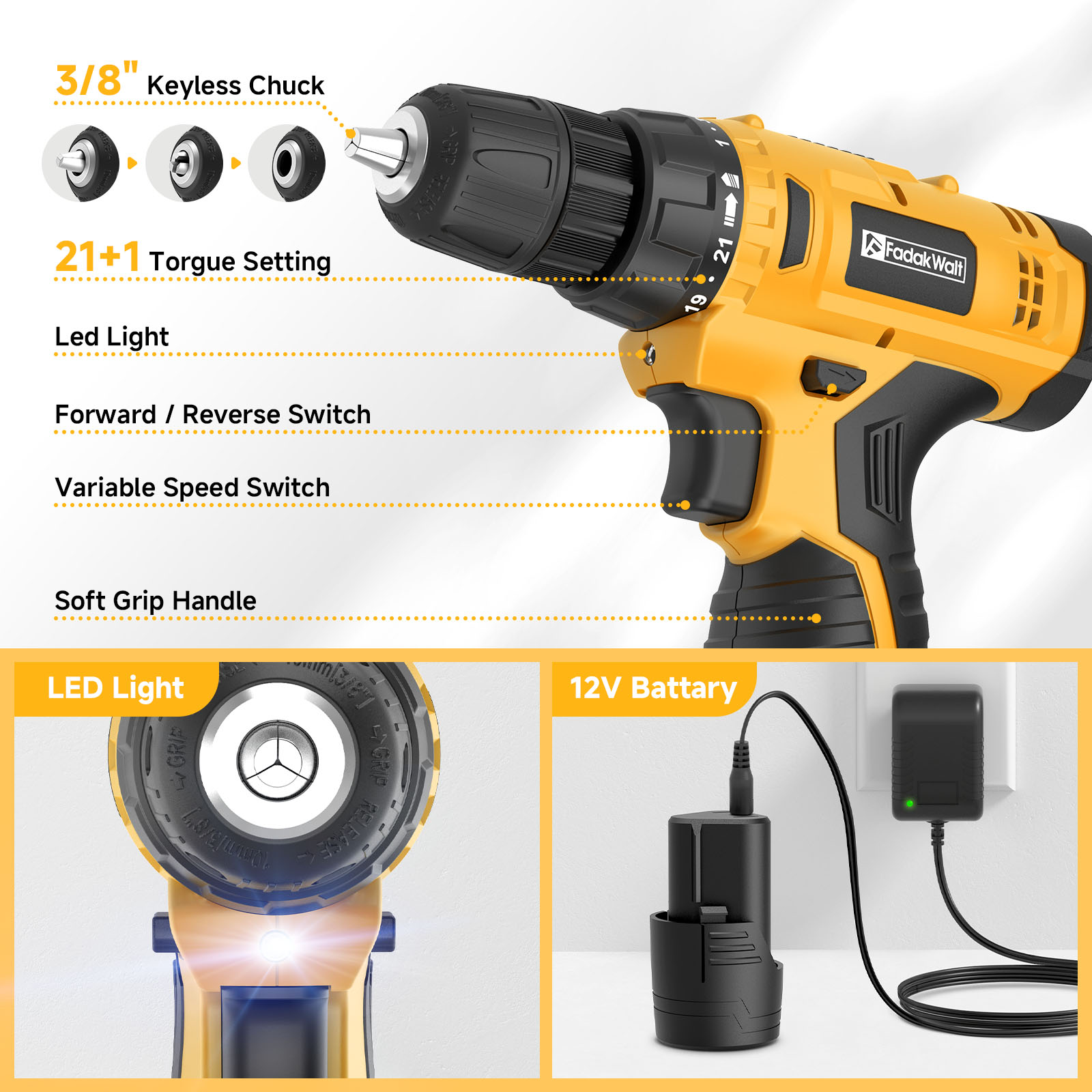 Fadakwalt 12V Cordless Drill Driver with Bits, Yellow photo 6