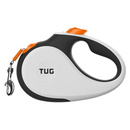 TUG 360° Tangle-Free Retractable Dog Leash with Anti-Slip Handle | 16 ft Strong Nylon Tape | One-Handed Brake, Pause, Lock (Small, White/Orange)