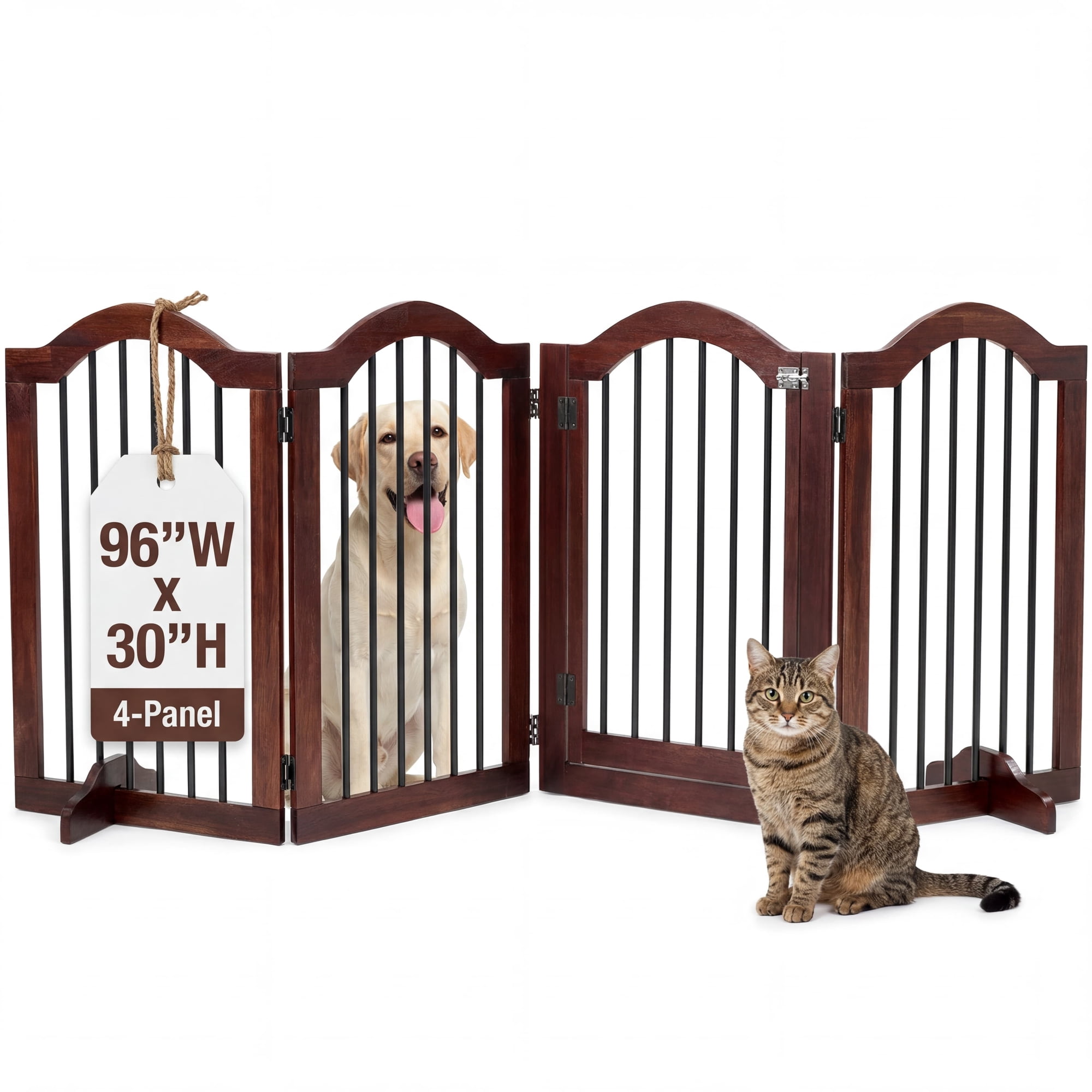 TrumanPick Free Standing Pet Gate with Door 30"H x 96"W Foldable Dog Gate 4 Panels Solid Wooden Dog Fence Indoor with Support Feet for House Doorways Stairs, Brown