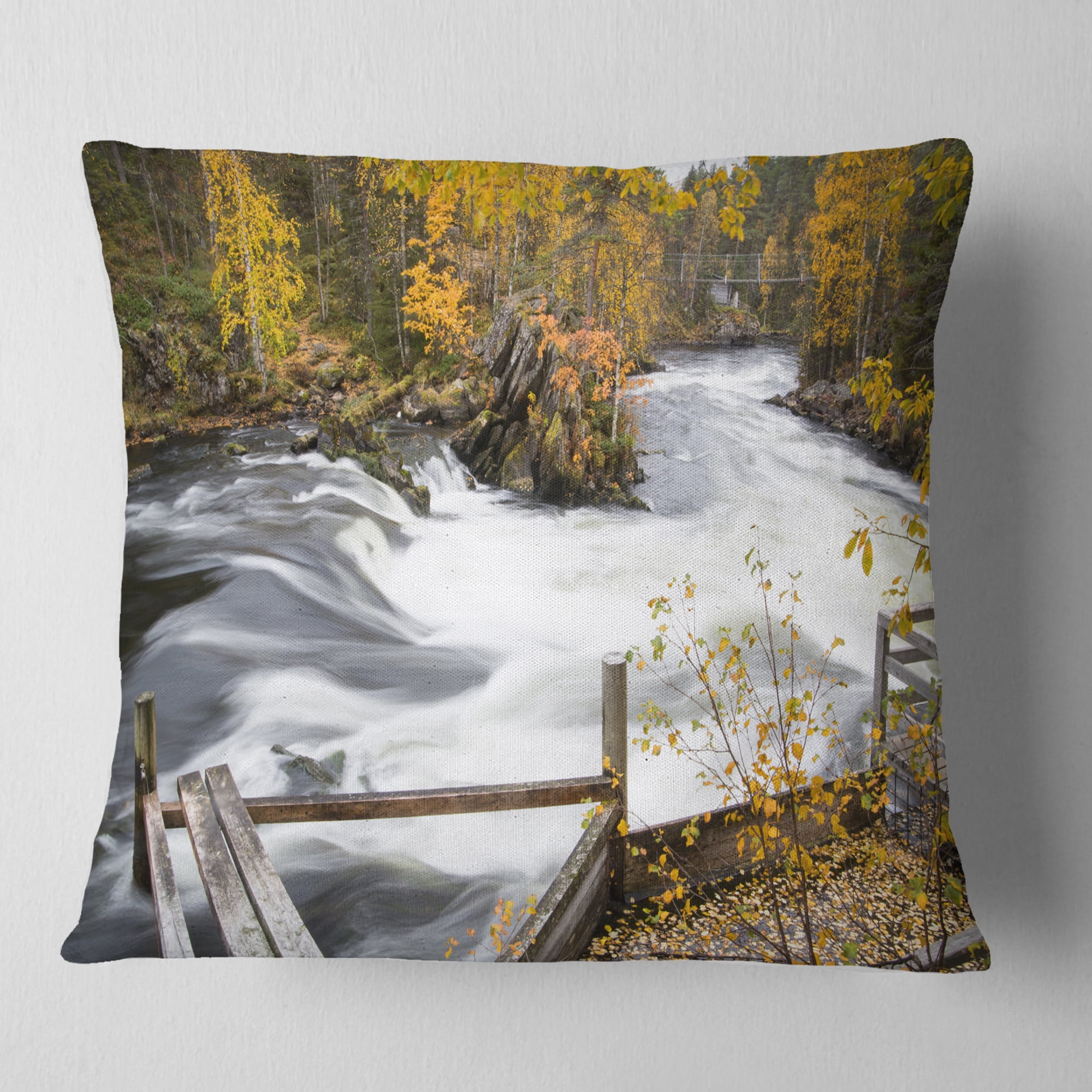 Designart Fall River Over Riffles and Rocks - Landscape Photography Throw Pillow - 16x16