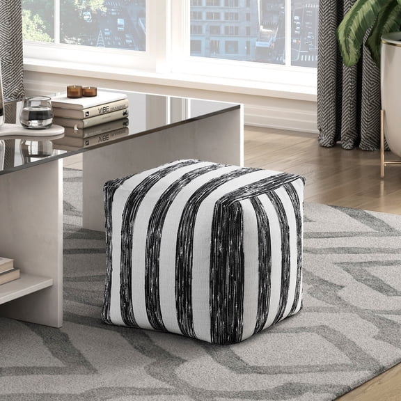 Modern Black and White Striped Pouf, Versatile Floor Ottoman for Home Decor