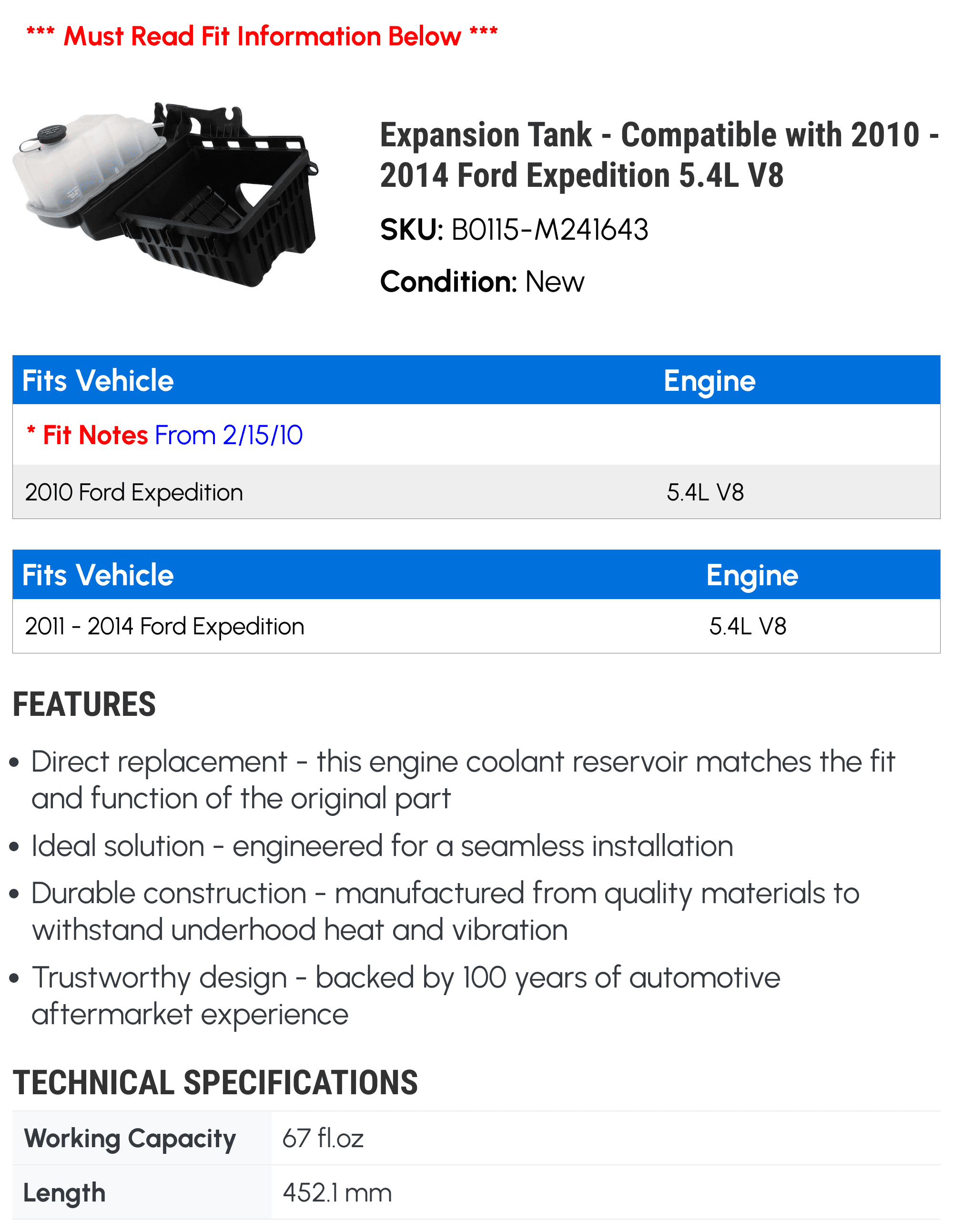 Expansion Tank - Compatible with 2010 - 2014 Ford Expedition 5.4L V8 - Dorman