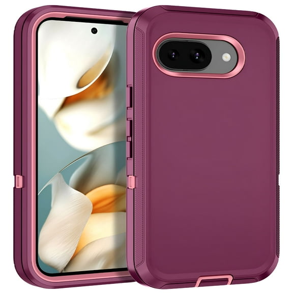 GJX Compatible with Google Pixel 9A Case, 3-Layer Military Grade Drop Protection Anti-Slip Bumper Rugged Shockproof Dustproof Protection Phone Case, Purple Pink