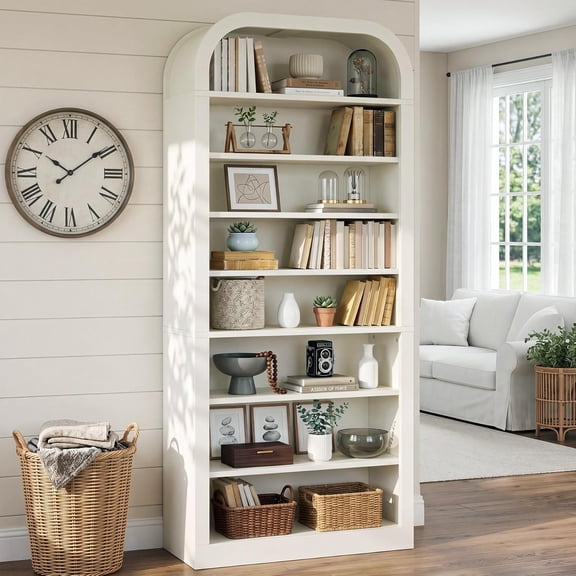Finmind 74" Tall Bookcase, 8-Tier Arched Bookshelf with Storage, Open Display Shelf, White