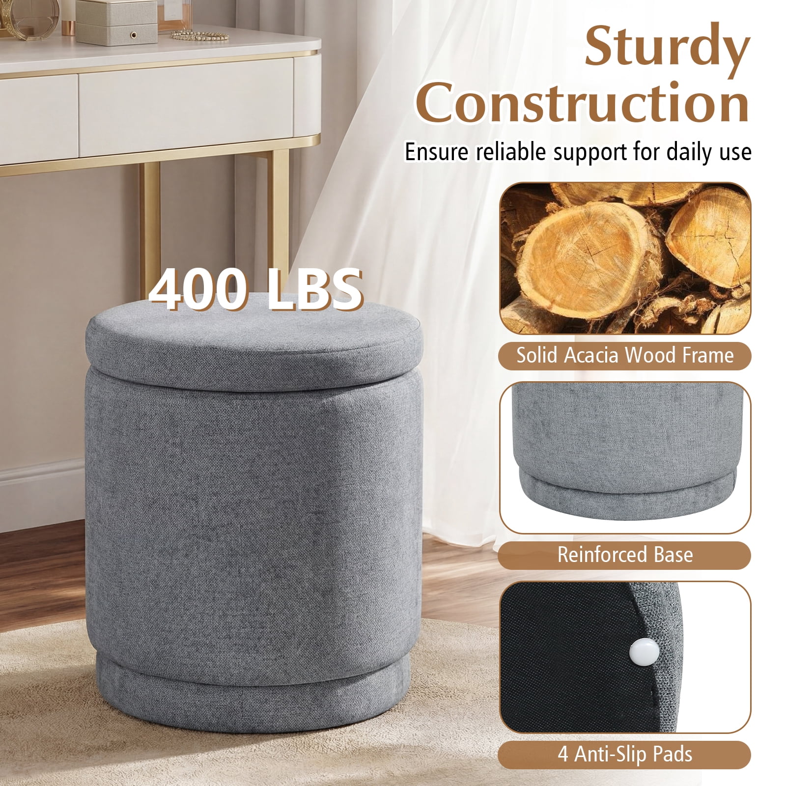 Costway Round Storage Ottoman Foot Rest with Removable Lid 400 LBS Weight Capacity for Home Gray