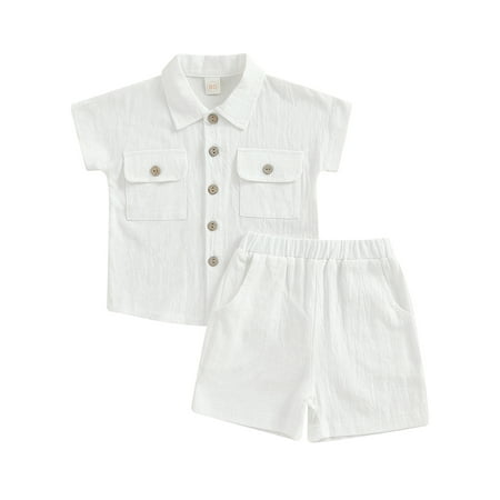 

Wallarenear 2Pcs Baby Boys Button Down Lapel T-Shirt Tops Elastic Waist Shorts with Pockets