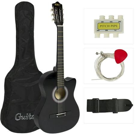 Black Folk Guitar Set - Best Choice Products 38in Beginner Acoustic Cutaway Guitar Set w/ Extra Strings, Case, Strap, Tuner, and Pick - Black