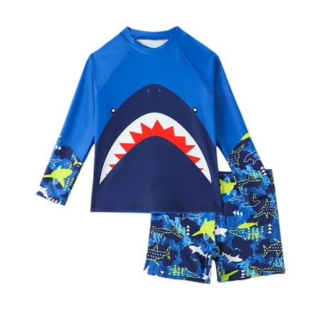 RUTAYY Boys Swimwear Long Sleeve Rash Guard Shirt With Print And Trunks Surfing Swimming Beach Bathing Suit Blue 5-6 Years