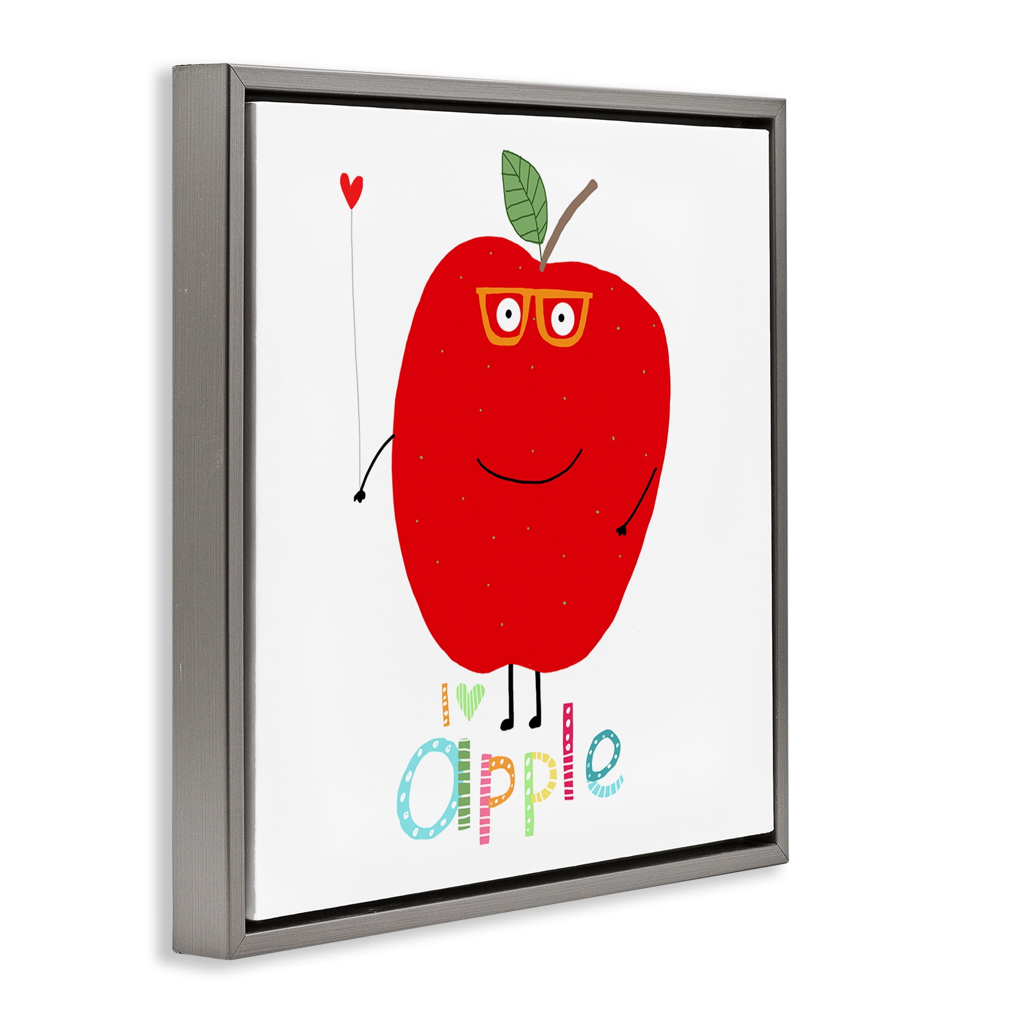 Stupell Industries Fun Smiling Apple Food & Beverage Painting Gray Floater Framed Canvas Art Print Wall Art, 18 x 18