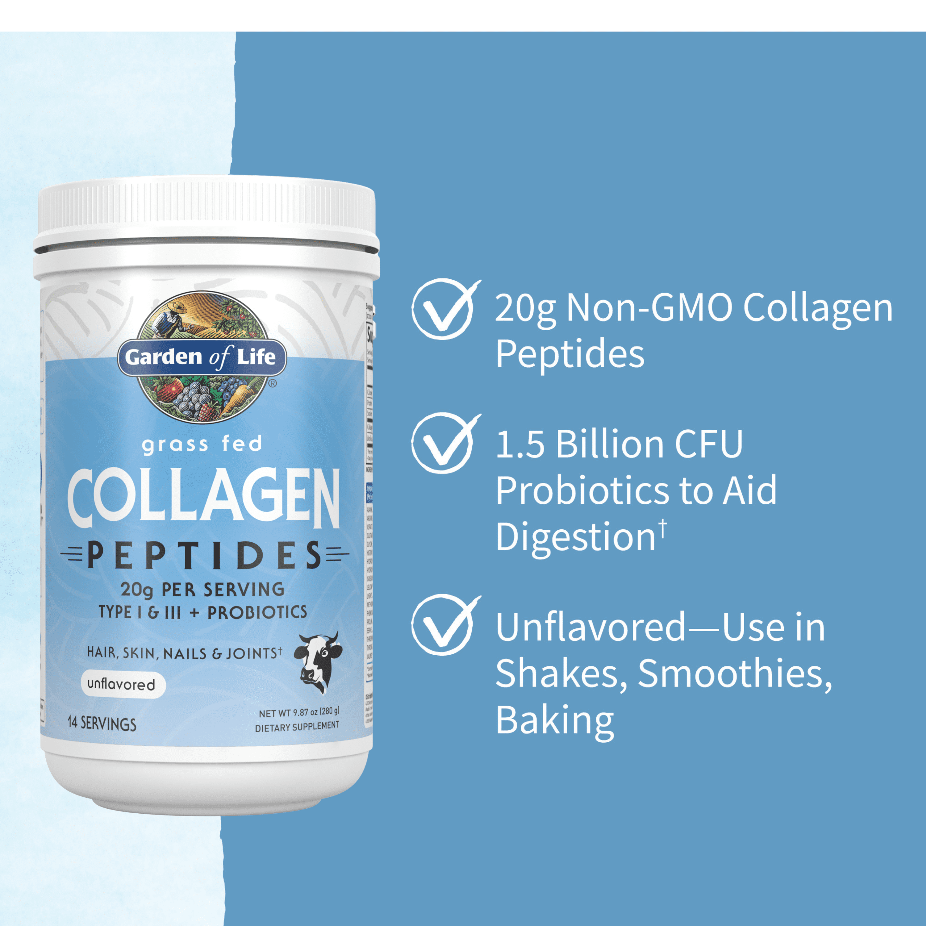 Garden of Life Grass Fed Collagen Peptides, Creamy Unflavored, 14 Servings