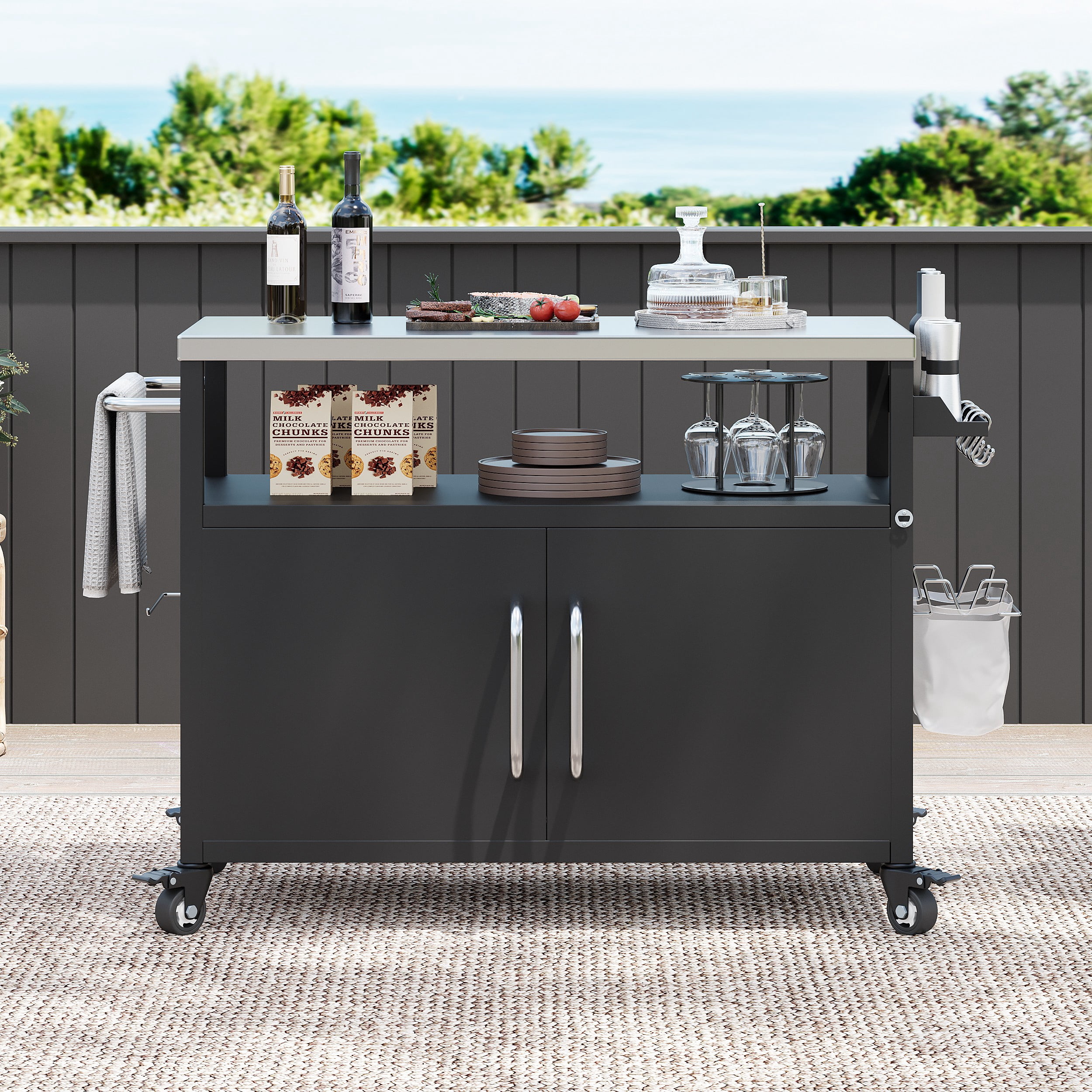 Eyisean 54.5" Outdoor Rolling Kitchen Island, Metal Prep Station with Stainless Steel Tabletop & Removable Shelf, Portable Grill Cart Table with Storage Cabinet & 4 Wheels, Spice Rack, Towel Rack