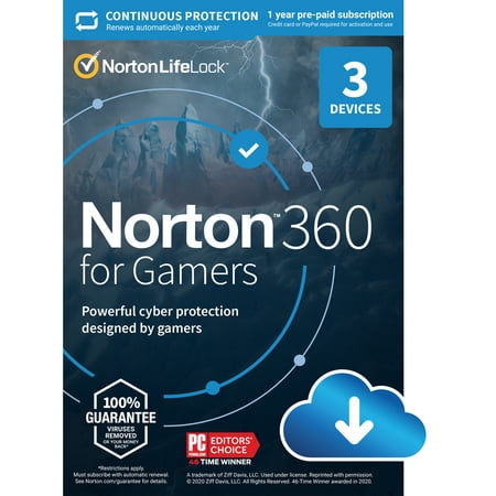 Norton 360 for Gamers, Antivirus, 3 Devices, 1 Year with Auto Renewal, PC/Mac/Mobile Download