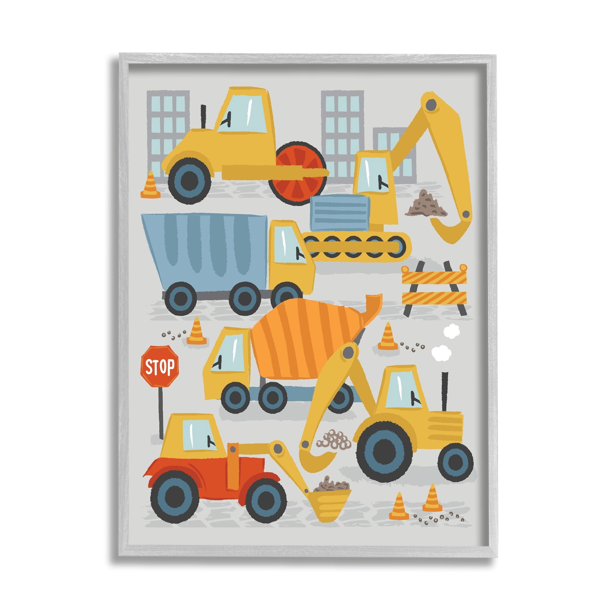 Stupell Industries Construction Vehicles Bulldozing Buildings Traffic Cones Illustration Framed Wall Art, 16 x 20, Design by Lisa Perry Whitebutton