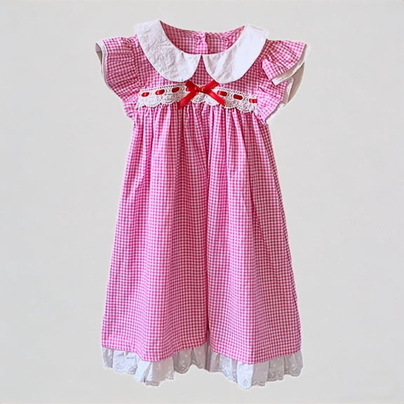 REDARER Girls Plaid Flutter Sleeve Dress with Flutter Collar, Red Bow & Lace Trim Casual Summer Everyday Outfit,5-6 Years