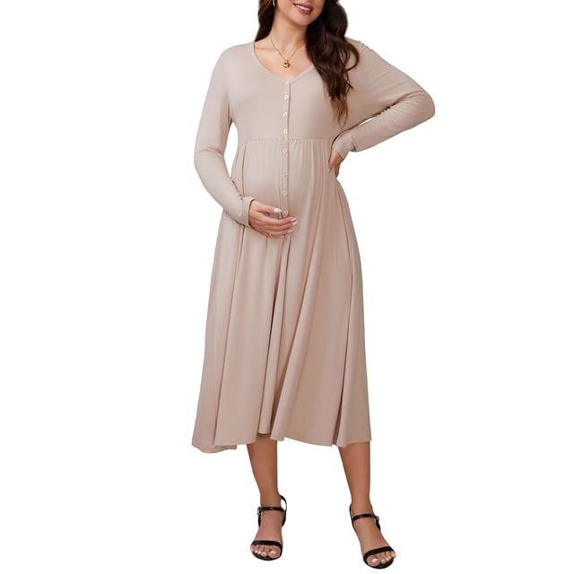 INSPIRE CHIC Vestidos de Maternidad para Mujeres con Botones Plisados de Punto de Manga Larga para Sesiones de Fotos Embarazo Vestido Maxi S Caqui