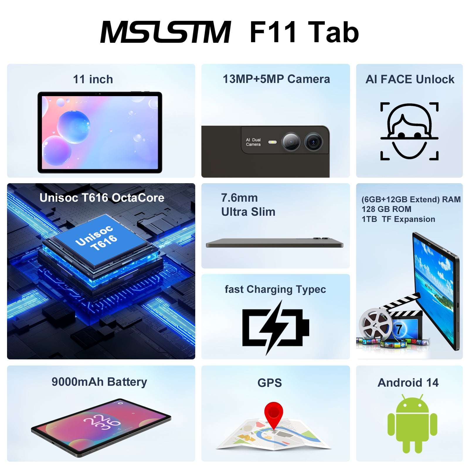 2026 Newest 11 inch Android 14 Tablet, 18GB RAM, 128GB ROM,2K Display, Octa-Core ,13MP+5MP+5MP Camera, Quad Stereo Speakers