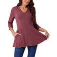 thumbnail image 1 of INSPIRAR CHIC Blusas Básicas de Manga 3/4 con Cuello en V y Bolsillos para Mujeres, Corte Suelto, Color Rojo Vino, 1 of 5