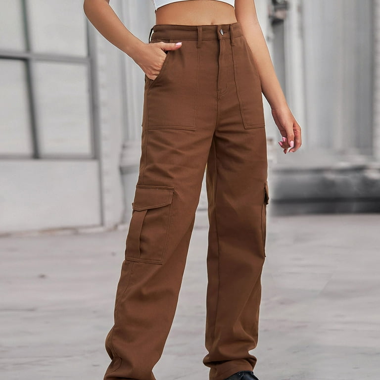 Mrat Women's High Waist Cargo Jeans Pants Stretch Baggy Multiple Pockets  Loose Fit Straight Wide Leg Cargo Jeans Cargo Denim Pants Trousers Casual