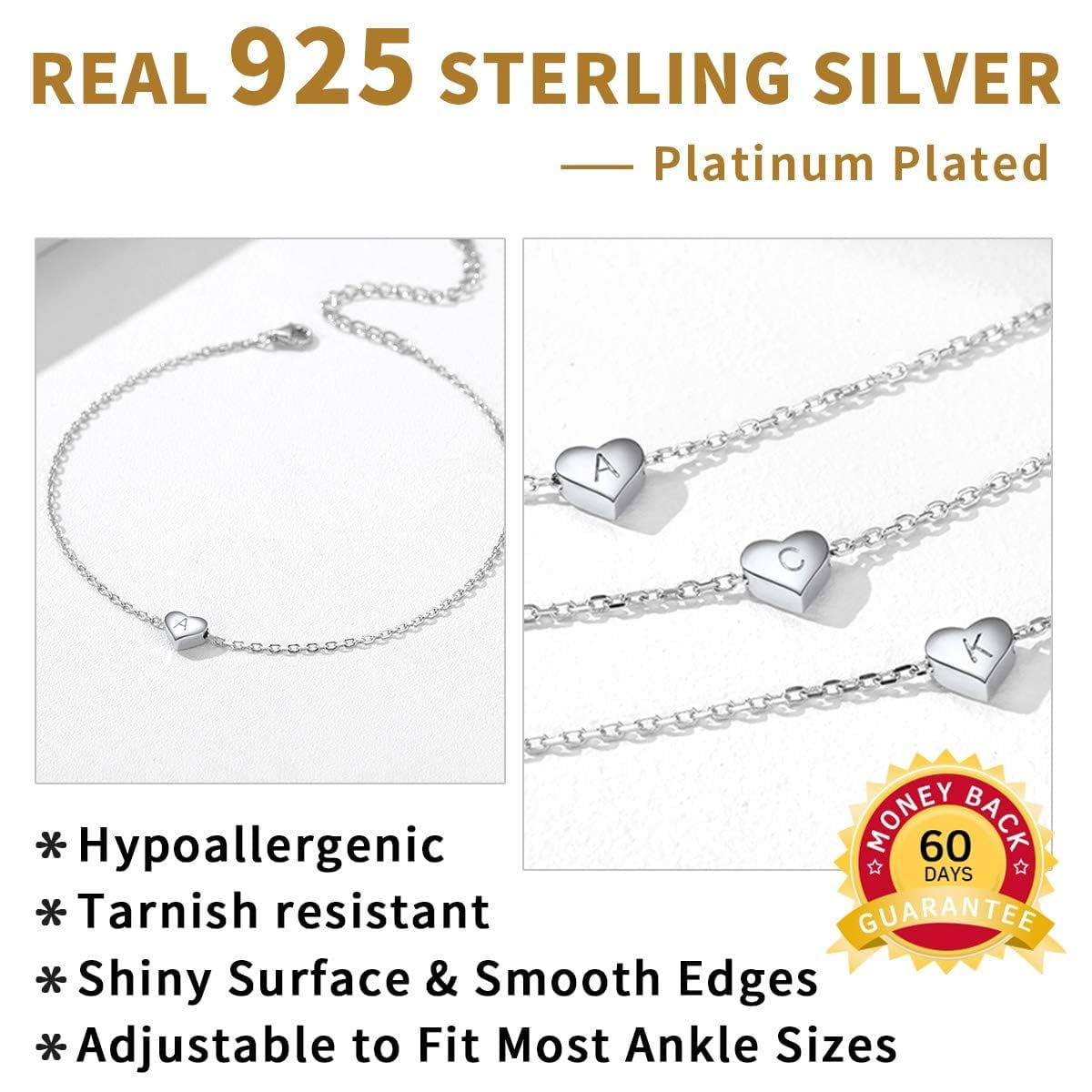 ChicSilver Anklets for Women 925 Sterling Silver Dainty Heart Initial A-Z Ankle Foot Jewelry Summer Graduation Gifts