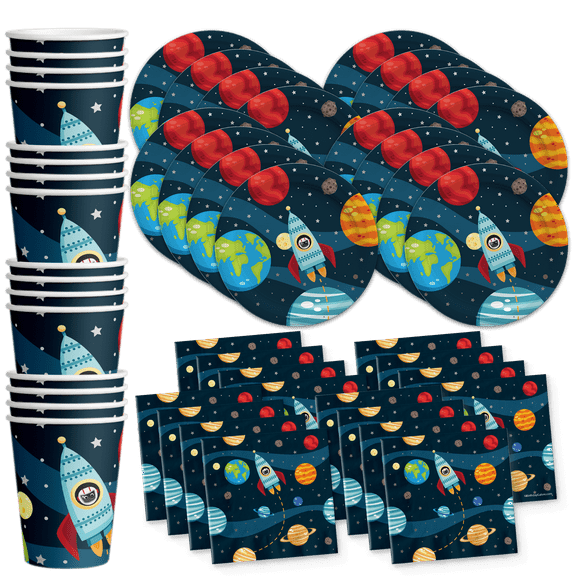 Astronaut Space Birthday Party Supplies Set Plates Napkins Cups Tableware Kit for 16