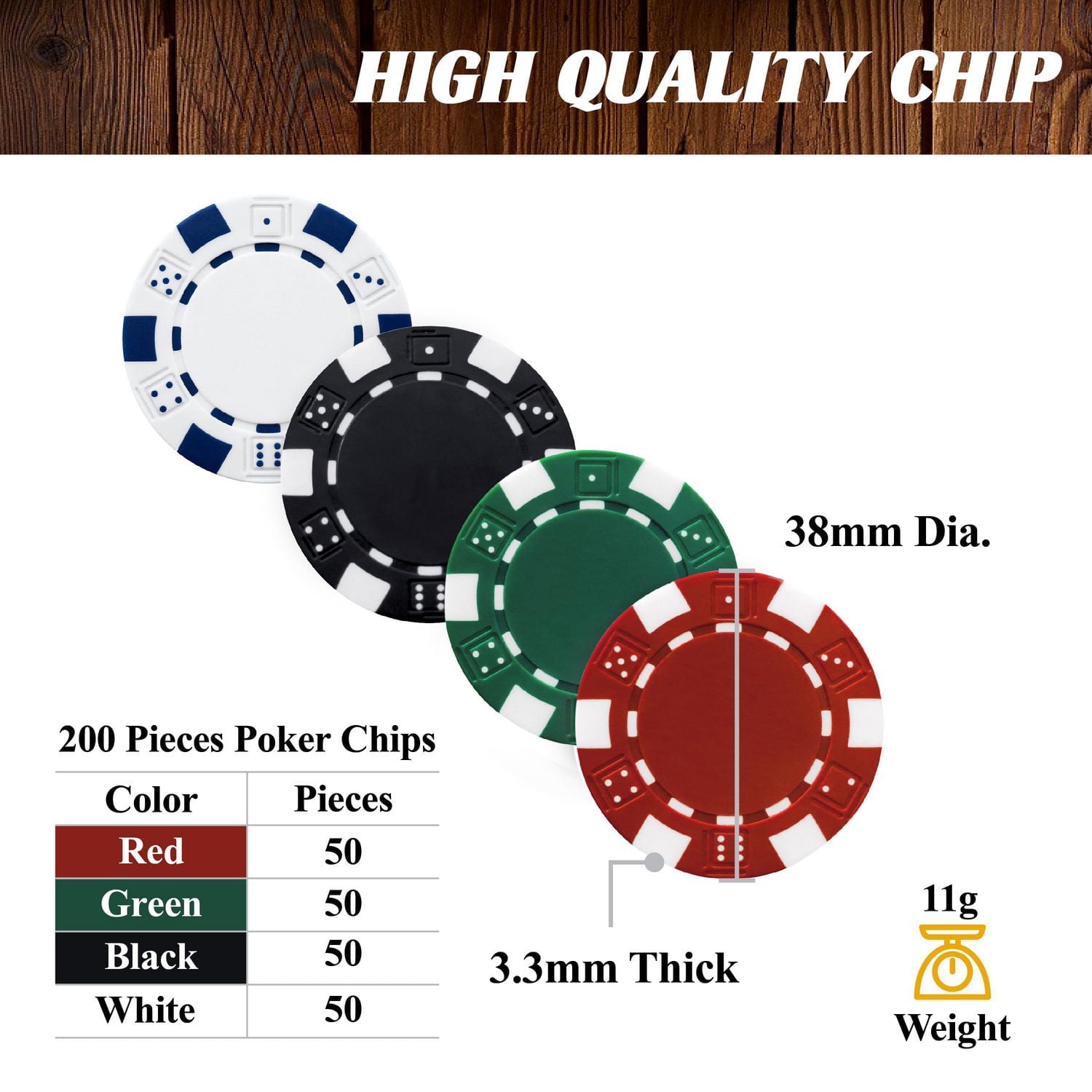 Barrington Billiards Jeu de jetons de poker 200 pièces avec étui et cartes en bois de pin, poids des jetons 11 g