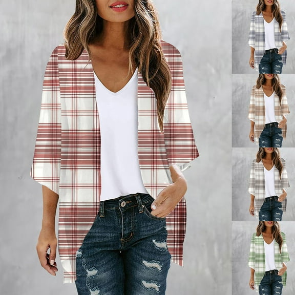 UVEASISHA Womens Kimono Cardigans,Kimonos for Women Plaid Print Lightweight Chiffon Kimonos Cardigan Puff Sleeve Loose Beach Wear Cover Up Blouse Tops 2025 Prime Sales Today,Blue,M