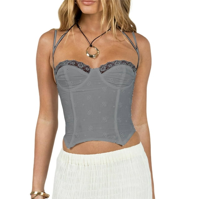 TRKIYQC Tops sin mangas para mujer, color sólido transparente con encaje en el pecho, fiesta informal, primavera y verano TRKIYQC moda
