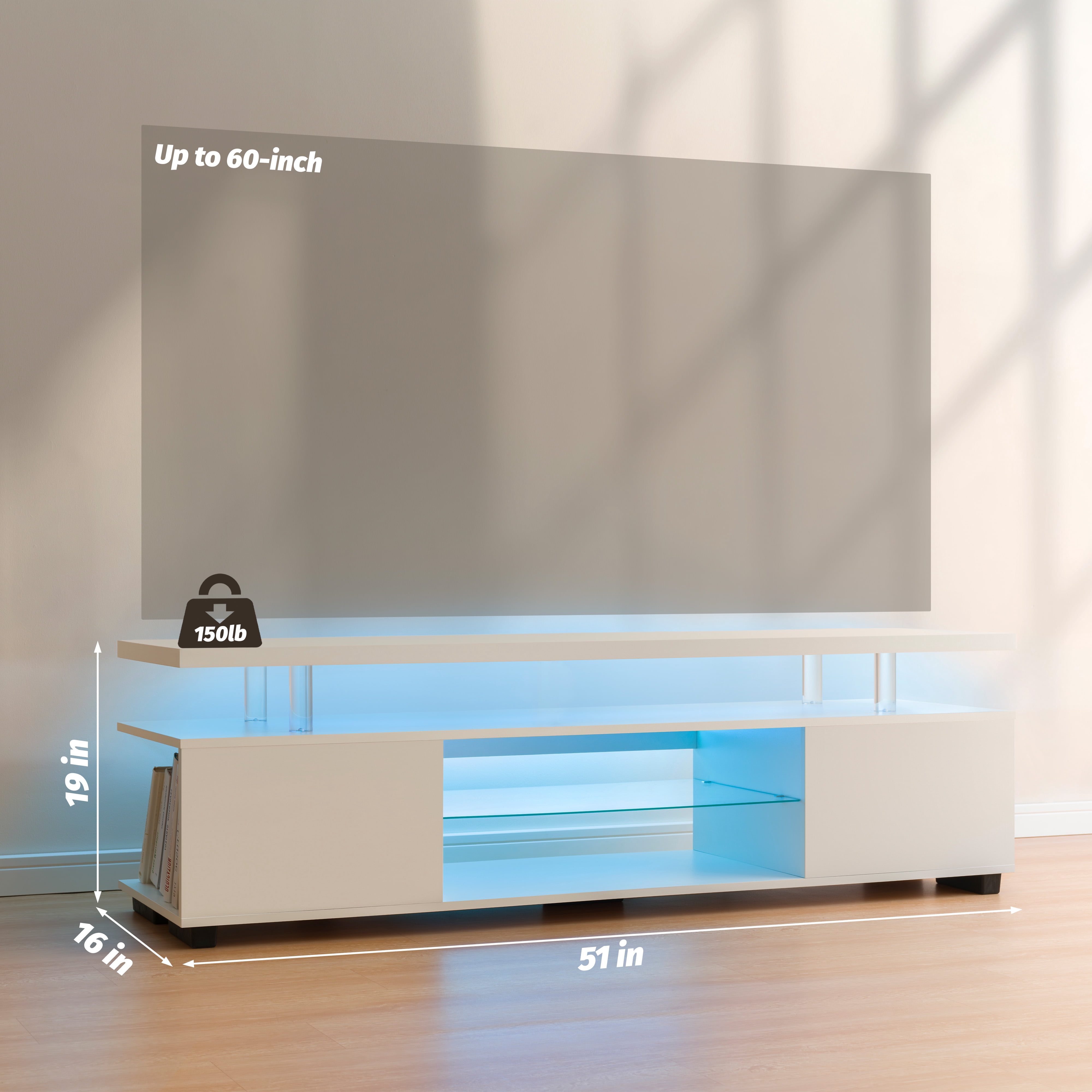 Cubehom LED TV Stand for 60 inch TV,  51'' Wood Entertainment Center with Storage, White