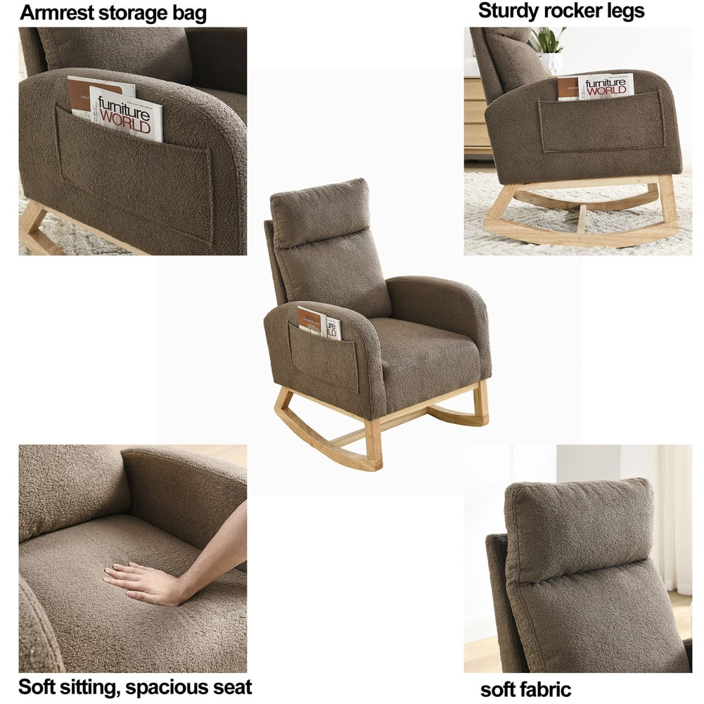 Rugerasy 27.6"W Accent Rocking Chair, Modern Upholstered Rocker Armchair For Nursery, Lounge Chair With 2 Side Pocket, High Backrest, Armrests For Living Room Bedroom