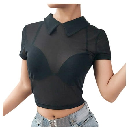 

XINSHIDE Bra Women Sheer Mesh See-Through Short Sleeve Crop Tops Casual T Shirt Underwear Wome