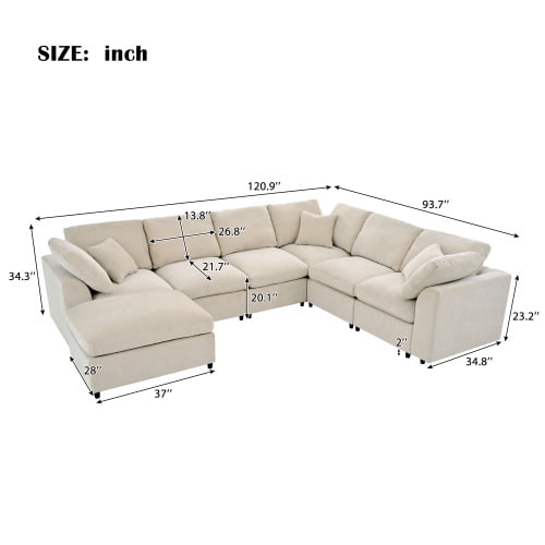 120.8" U_Style Extra Large 7-Seater L-Shape Modular Sectional Sofa with Movable Ottoman, Plush Chenille Fabric, Solid Pine Wood Frame for Living Room and Office, Beige