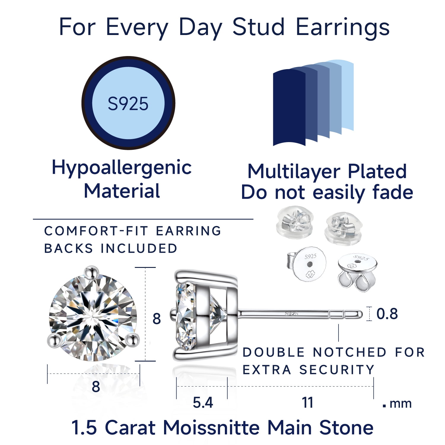 MomentWish Stud Earrings for Women 3 Carat Moissanite Solitaire Earrings 925 Sterling Silver Mother's Day Gift