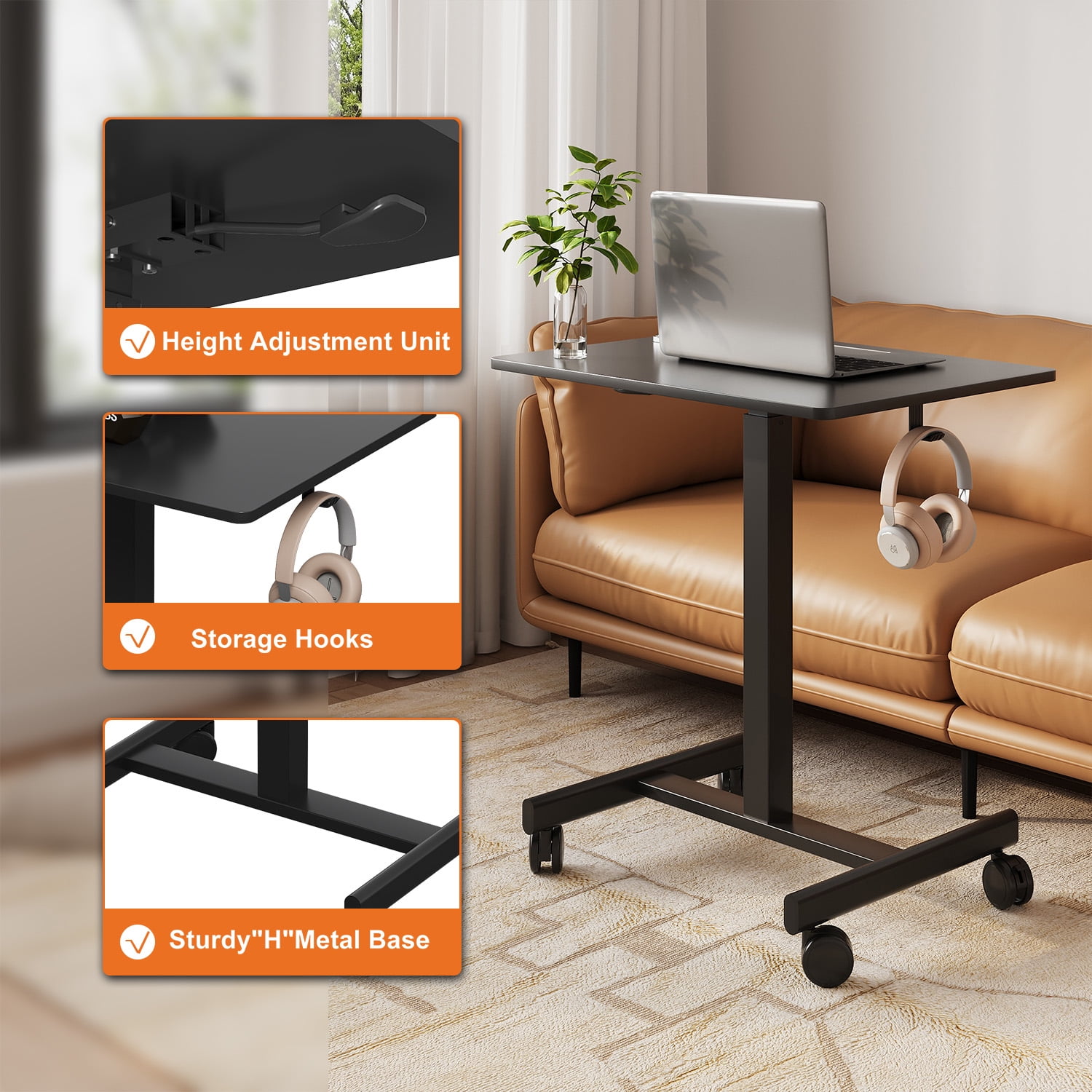 Gas Spring Height Adjustable Mobile Sit-Stand Mini Desk, Lockable Casters & Headphone Hook, Rolling Laptop Side Desk 28.5"-42.7" Height Range