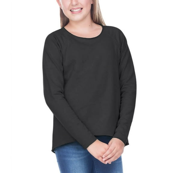 Kavio! Girls 7-16 French Terry Raw Edge Raglan High-Low Long Sleeve Black S