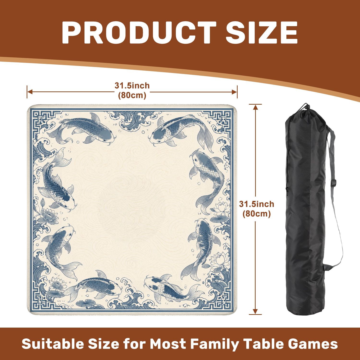 Mahjong Mat 31.5" x 31.5" Blue White Fish Floral Water Elements Non-Slip Noise Reduction American Mahjong Tiles Table Cover for Dominoes Poker Card Board Games Gift