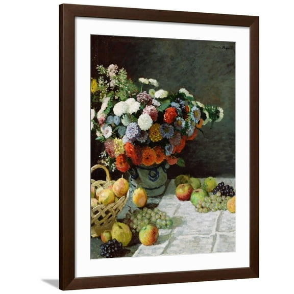 Art.com Still Life with Flowers and Fruit, 1869 Giclee Print by Claude Monet, Brown Frame Wall Art, 32" x 40"