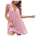 thumbnail image 1 of Robes d'Été pour Femmes Décontractées en Chiffon à Col en V Profond, Robe Évasée Unie, Manches Courtes, Robes de Plage, 1 of 7