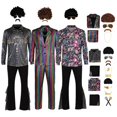 thumbnail image 2 of Disfraz de discoteca retro de los años 70 y 80 para hombre adulto, disfraz de hippie de los años 90, camisa, abrigo, pantalones acampanados, peluca, collar, traje de carnaval de Halloween, 2 of 5