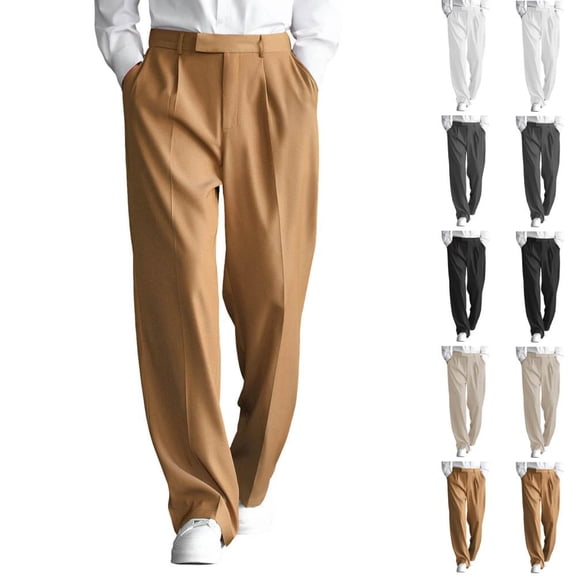 BXSRUTA Men's Casual Pants Pleated Front Straight Leg Dress Trousers with Pockets Drawstring Elastic Waist Breathable