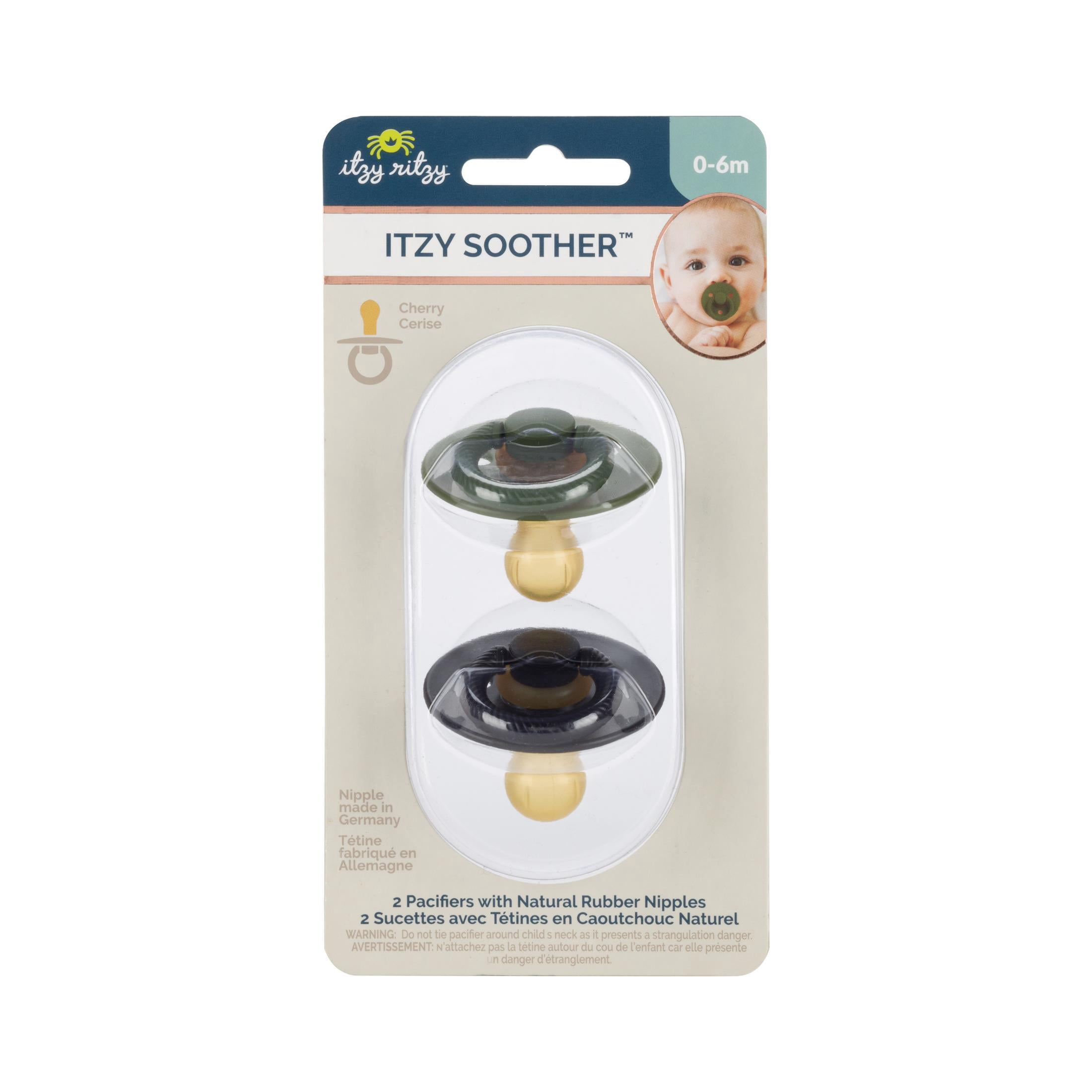 Itzy Ritzy Natural Rubber Pacifiers Set of 2 – Natural Rubber Newborn Pacifiers with Cherry-Shaped Nipple & Large Air Holes for Added Safety; Set of 2 in Camo & Midnight, Ages 0 – 6 Months
