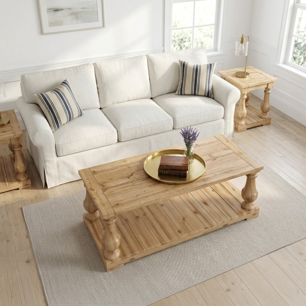 GARITIN Farmhouse Coffee Table with Storage Shelf, Solid Wood Turned Legs, 2-Tier Rustic Wood Center Table for Living Room, Natural