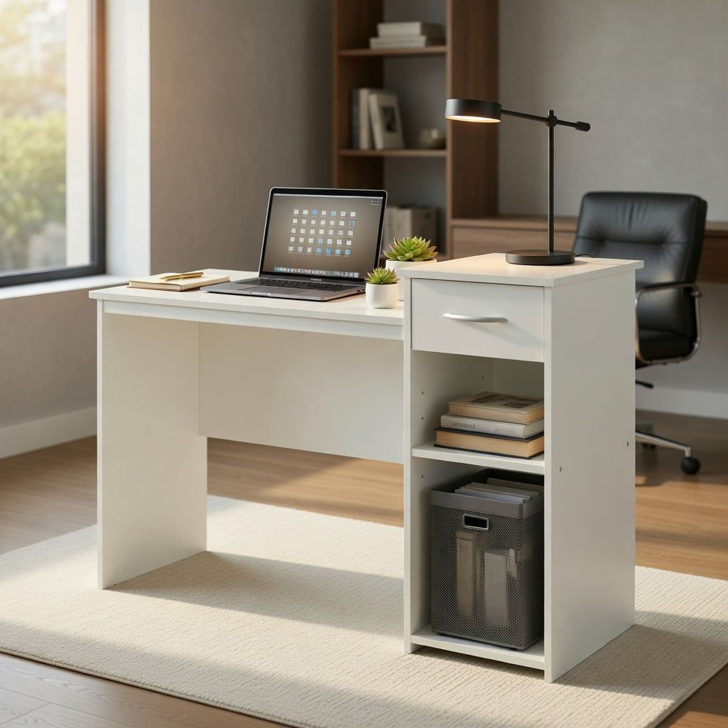 Spaco Computer Desk with Drawer Modern Laptop PC Desk with Adjustable Shelf and Cable Hole-White, Office Desk, Gaming Computer Desks for Study,Working,Writing