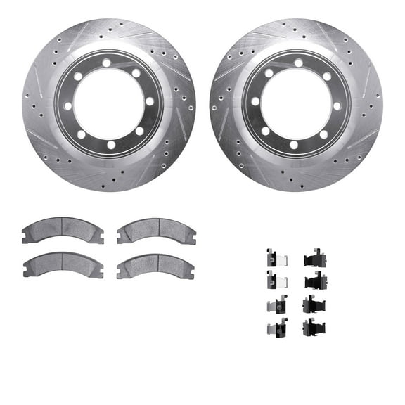 Dynamic Friction Company Rear Brake Rotors-Drilled and Slotted-Silver with Heavy Duty Brake Pads includes Hardware 7212-99223