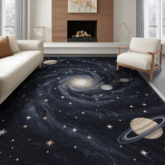 ODIKA 8'x10' Washable Area Rug Nebula Galaxy Starry Planets Motif Planetary Stars Themed Large Flowing Dynamic for Dining Room, Office, Lounge, Non-Slip Chair-Friendly Mat