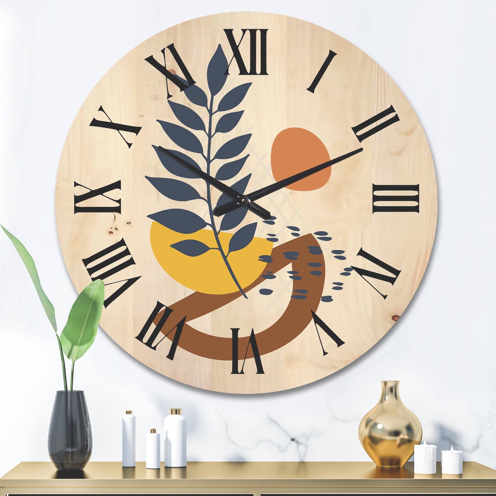 Designart 'Abstract Leaves With Elementary Shapes' Modern Wood Wall Clock