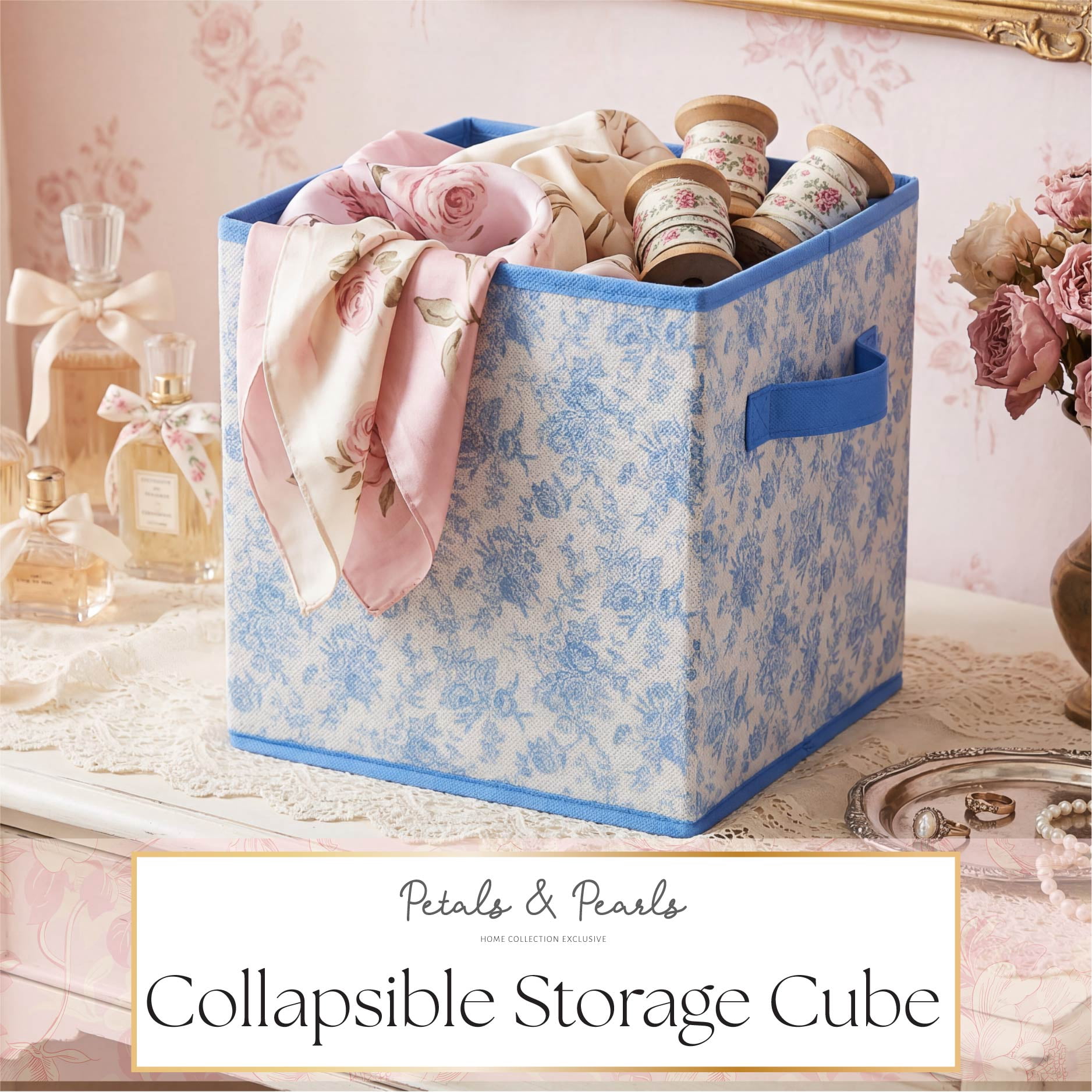 Urban Shop Petals and Pearls Collapsible Storage Cube, Toile Blue